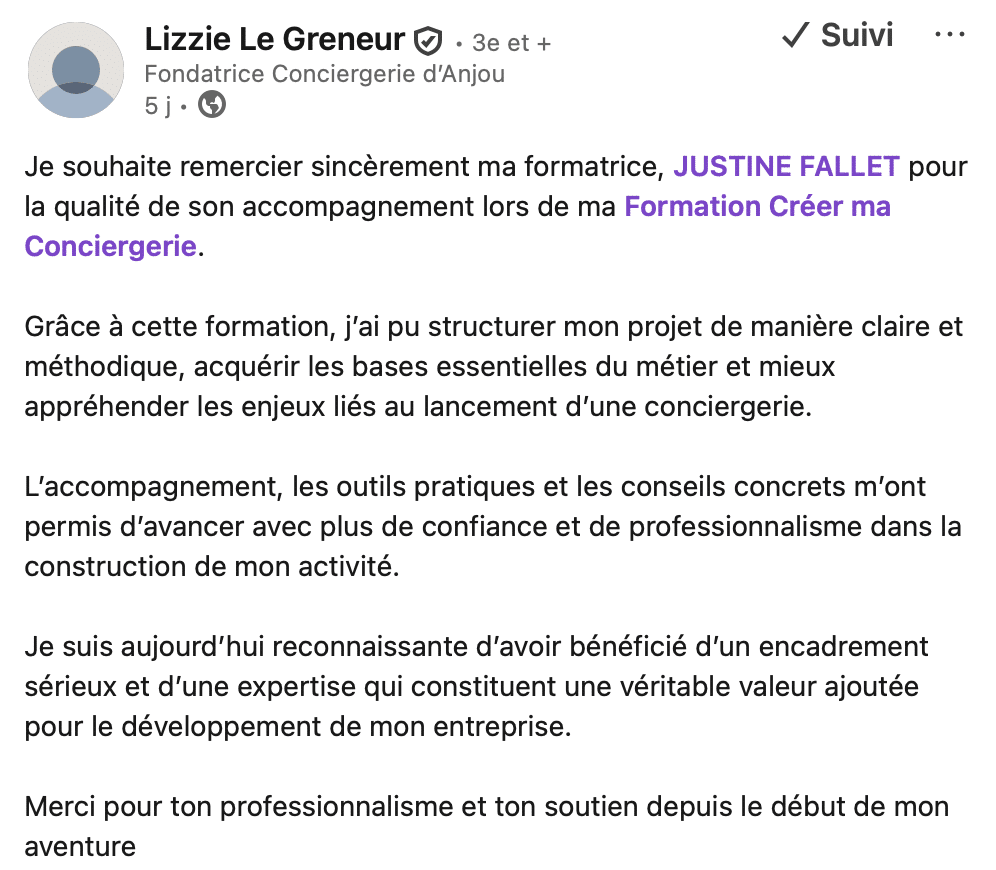 Conciergerie d'Anjou à Angers Lizzie Le Greneur élève Formation Créer ma Conciergerie