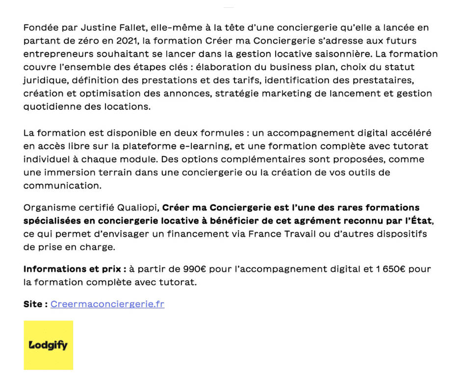 Le channel Manager Lodgify recommande la formation Créer ma Conciergerie